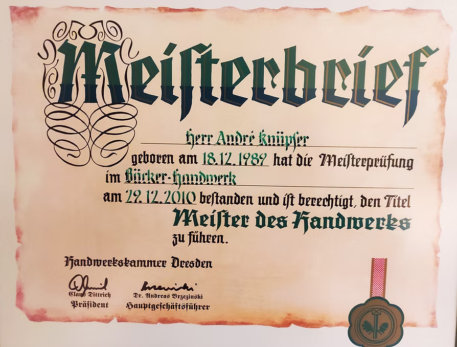 Meisterbrief der Bäckerei Knüpfer